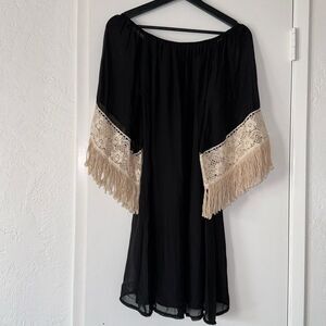 2 B Together Womens Tunic Fringe Sleeve Dress Black Size Small